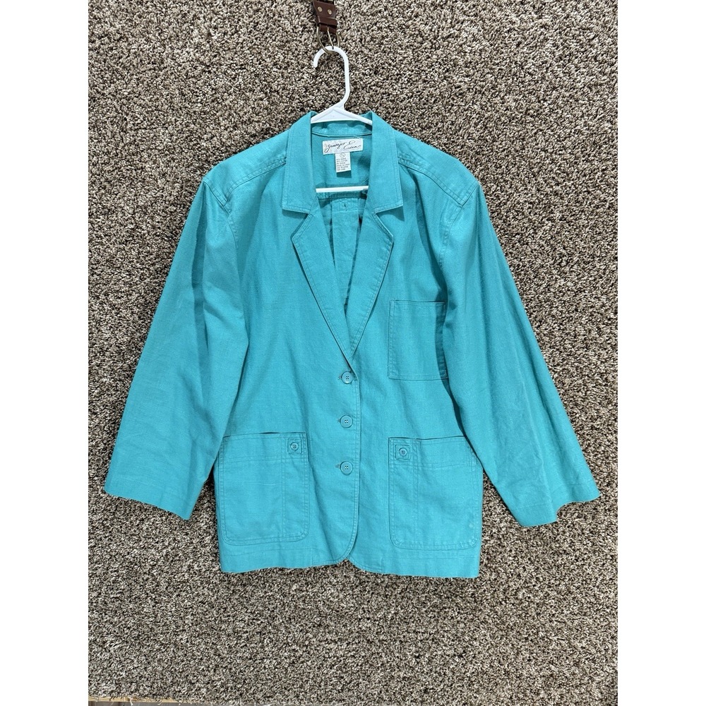 VTG Jennifer Eden 11/12 Turquoise Ramie Cotton Blazer‎ Jacket Oversized Retro